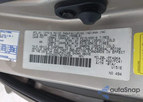 2004 Toyota Sienna Xle из США, поврежденный, VIN 5TDZA22C74S154294